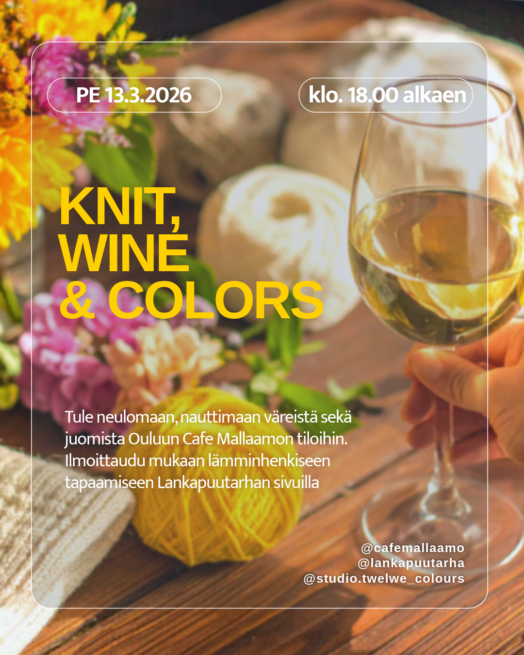 Knit, Wine and Colors 13.3.2026, paikkavaraus